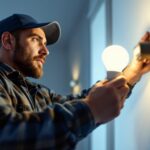A photograph of a lighting contractor replacing a compact fluorescent lamp (cfl) with an led bulb in a residential setting
