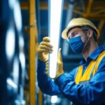 A photograph of a lighting contractor installing or inspecting t5 fluorescent tubes in a commercial or industrial setting