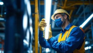 A photograph of a lighting contractor installing or inspecting t5 fluorescent tubes in a commercial or industrial setting