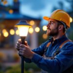 A photograph of a skilled lighting contractor installing solar led lights in a residential or commercial outdoor setting