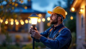 A photograph of a skilled lighting contractor installing solar led lights in a residential or commercial outdoor setting