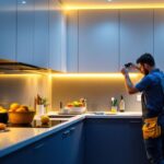 A photograph of a well-designed under counter lighting setup in a modern kitchen