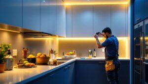 A photograph of a well-designed under counter lighting setup in a modern kitchen