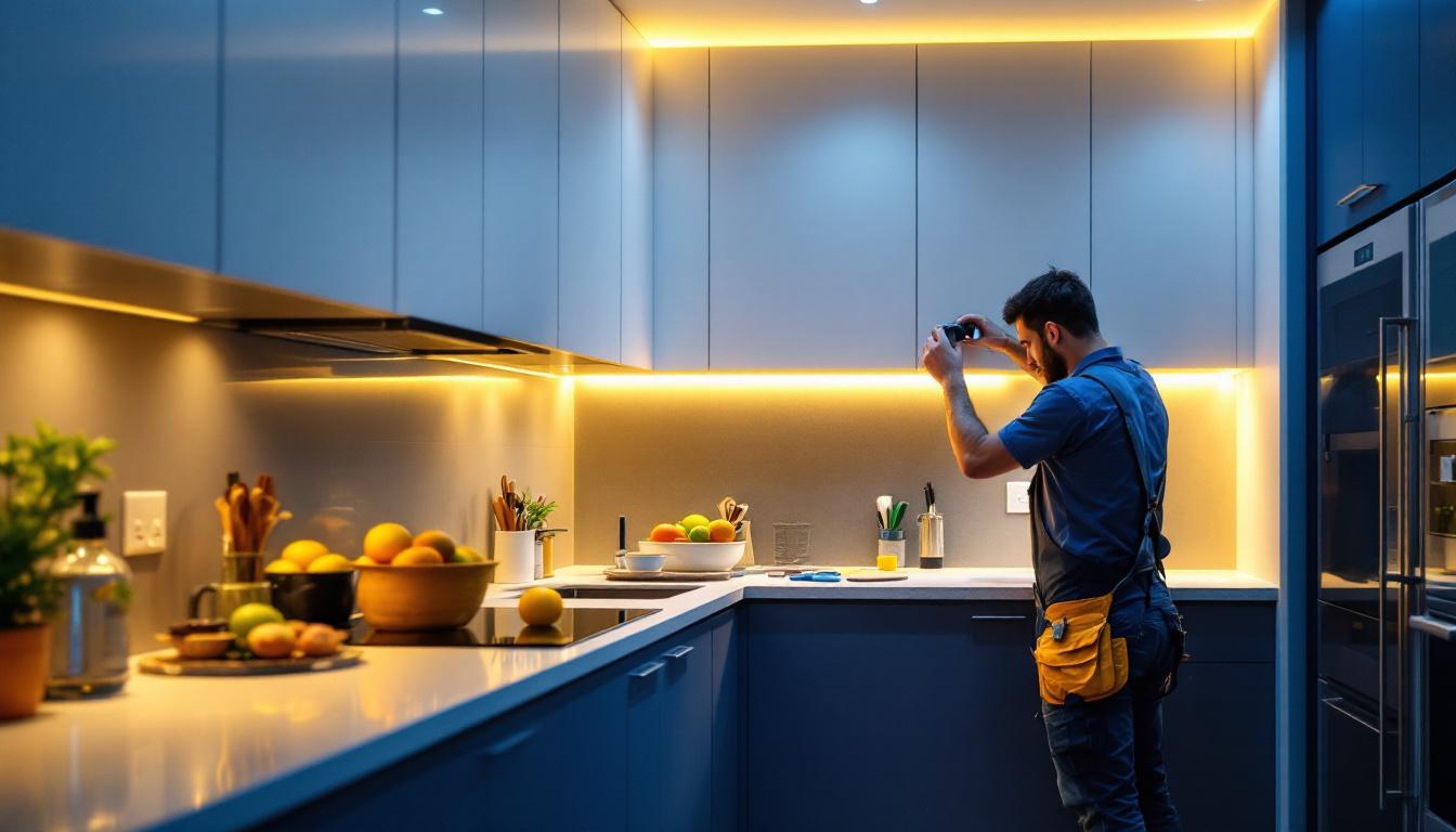 A photograph of a well-designed under counter lighting setup in a modern kitchen