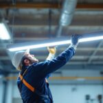 A photograph of a lighting contractor installing an 8-foot led light fixture in a commercial space