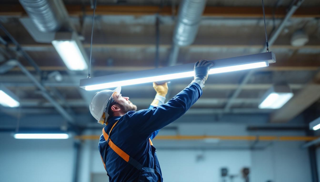 A photograph of a lighting contractor installing an 8-foot led light fixture in a commercial space