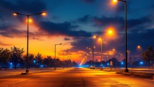 A photograph of a well-lit parking lot at dusk