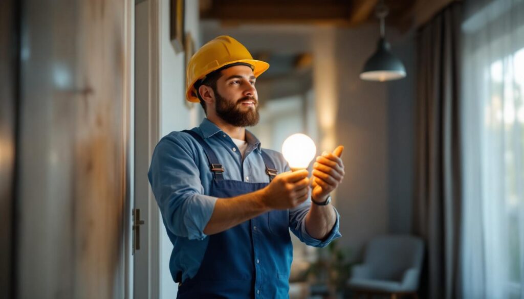 A photograph of a lighting contractor efficiently installing a b bulb in a residential or commercial setting