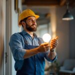 A photograph of a lighting contractor efficiently installing a b bulb in a residential or commercial setting