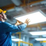 A photograph of a lighting contractor expertly installing flat panel lights in a modern commercial space