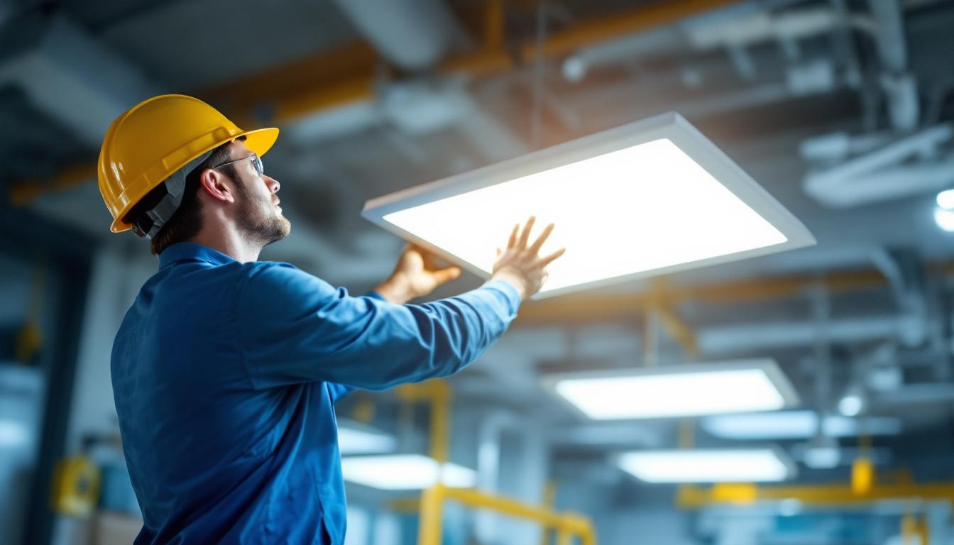 A photograph of a lighting contractor expertly installing flat panel lights in a modern commercial space