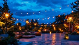 A photograph of a beautifully illuminated outdoor space at dusk