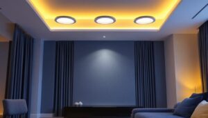 A photograph of a beautifully designed interior space showcasing five sleek led recessed lights installed in the ceiling