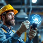 A photograph of a lighting contractor expertly installing a t12 ballast in a commercial setting