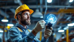 A photograph of a lighting contractor expertly installing a t12 ballast in a commercial setting