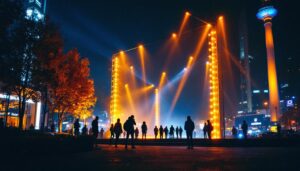 A photograph of a brightly lit outdoor scene featuring a large led light installation