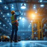 A photograph of a lighting contractor expertly installing highbay lights in a spacious industrial setting