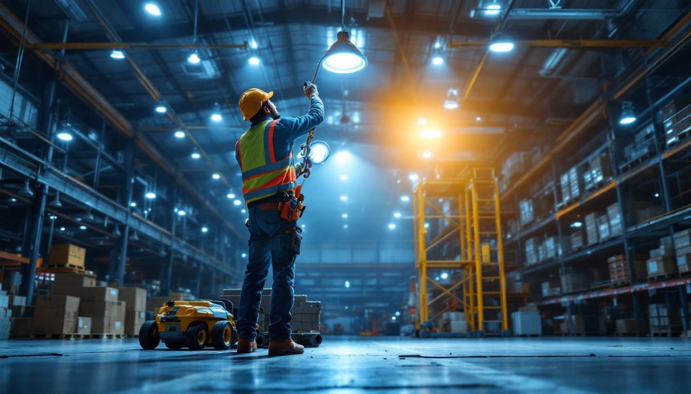 A photograph of a lighting contractor expertly installing highbay lights in a spacious industrial setting