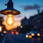 A photograph of a modern street light bulb illuminating a bustling urban street at dusk
