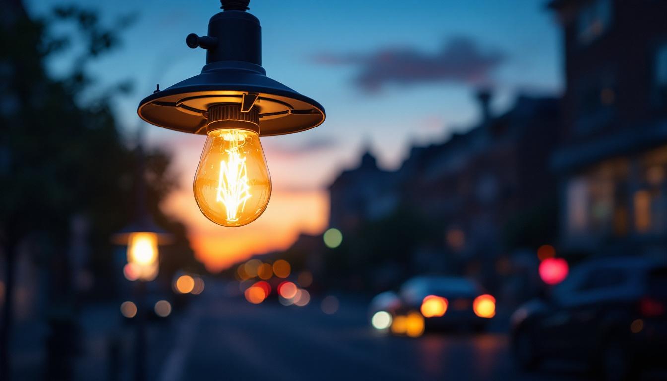 A photograph of a modern street light bulb illuminating a bustling urban street at dusk