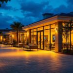 A photograph of a well-lit outdoor commercial space featuring various led lighting installations
