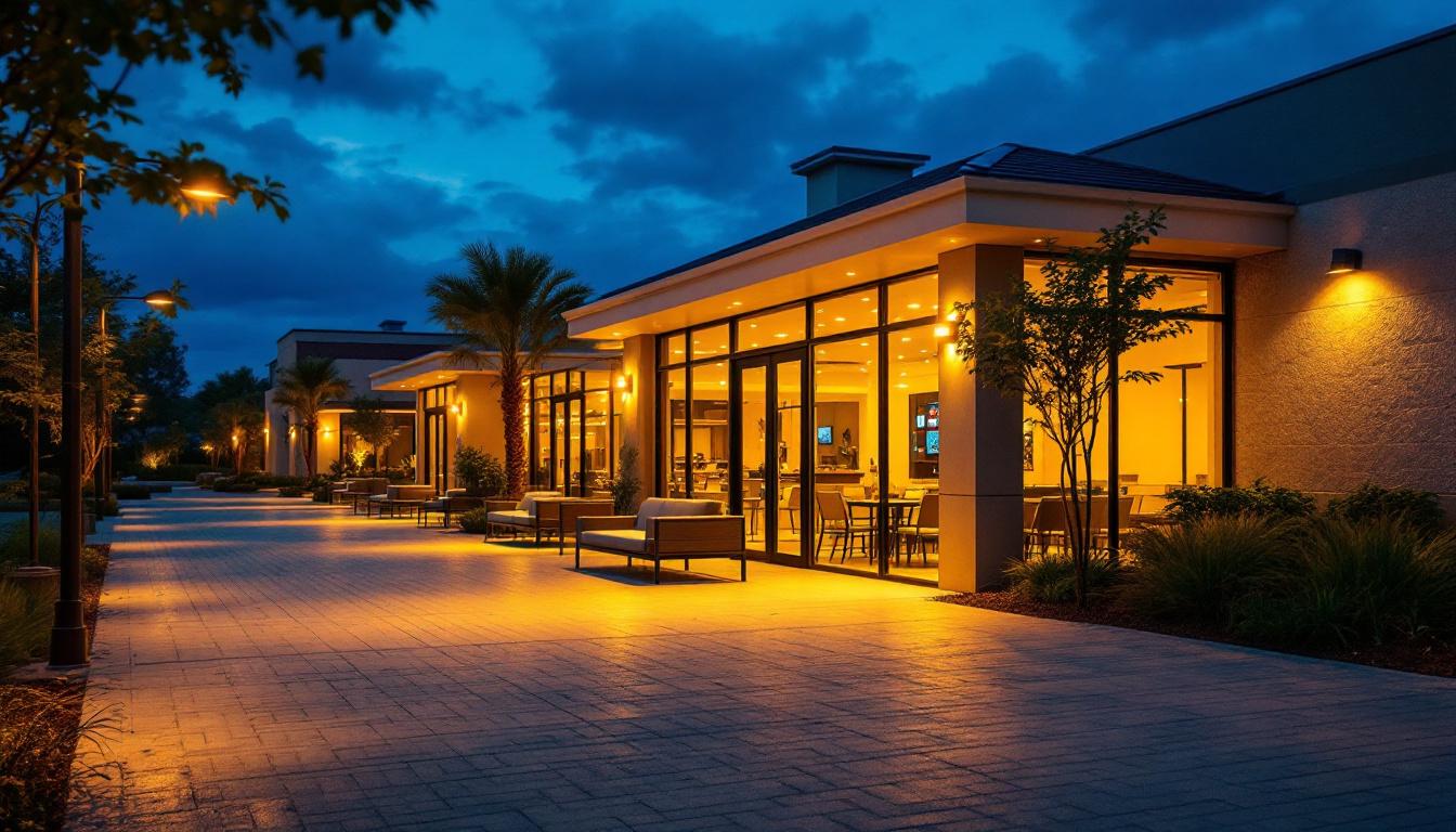 A photograph of a well-lit outdoor commercial space featuring various led lighting installations