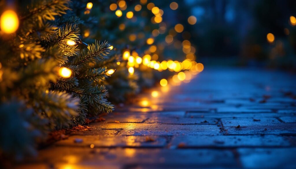 A photograph of a beautifully illuminated pathway lined with solar christmas lights