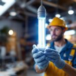 A photograph of a t5 high output bulb in a well-lit workspace