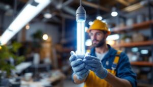 A photograph of a t5 high output bulb in a well-lit workspace