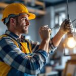 A photograph of a skilled lighting contractor installing a lamp and ballast in a well-lit