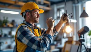 A photograph of a skilled lighting contractor installing a lamp and ballast in a well-lit