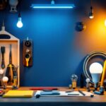 A photograph of a well-organized workspace featuring various types of light bulbs