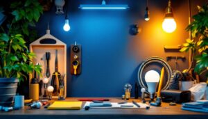 A photograph of a well-organized workspace featuring various types of light bulbs