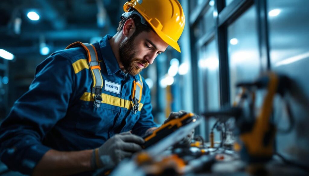 A photograph of a skilled technician using techbrite tools and technology during a lighting installation project