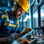 A photograph of a skilled technician using techbrite tools and technology during a lighting installation project