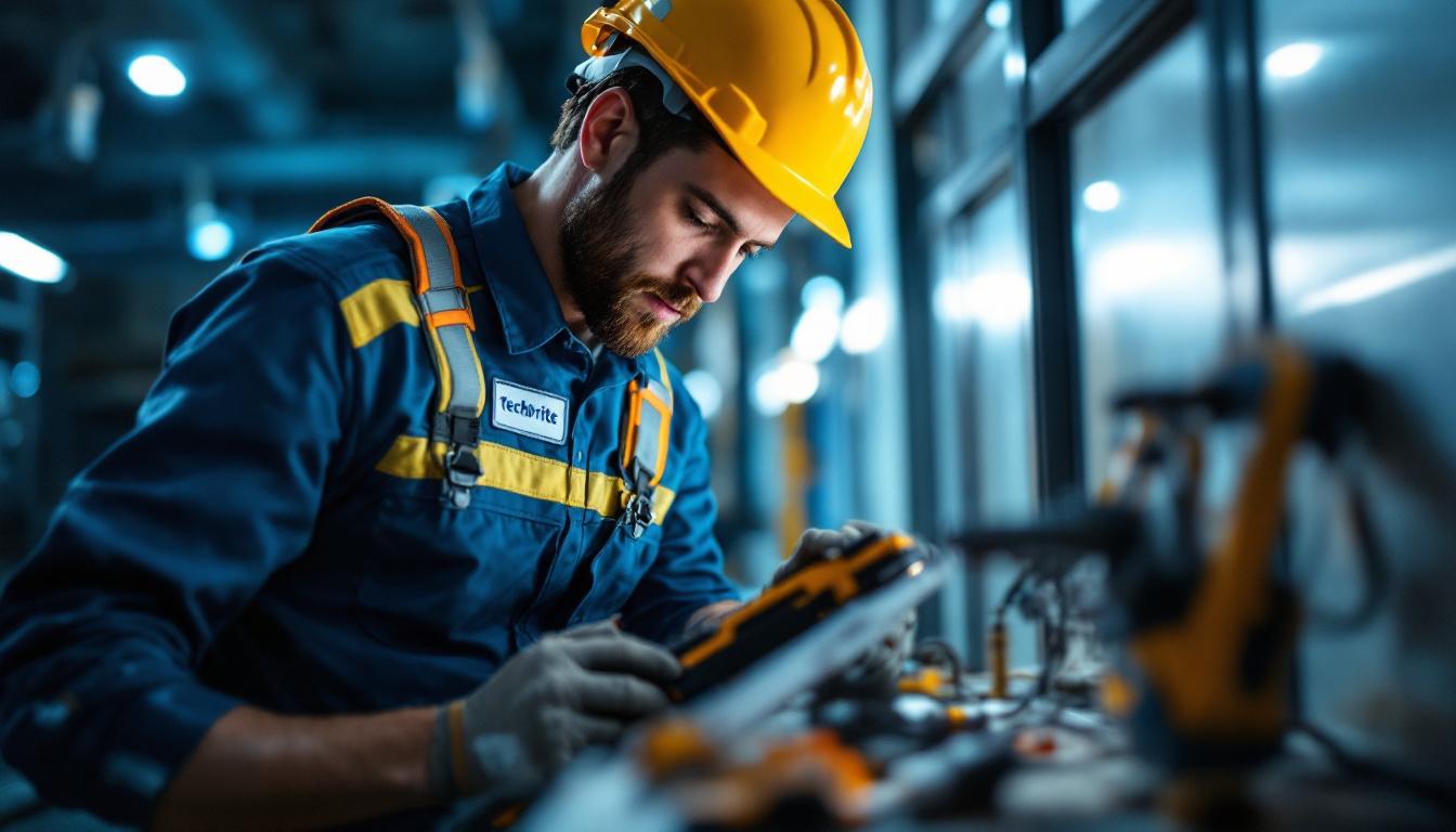 A photograph of a skilled technician using techbrite tools and technology during a lighting installation project