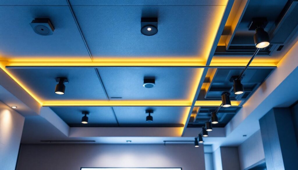 A photograph of a modern dropped ceiling installation featuring sleek