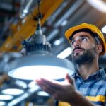 A photograph of a lighting contractor installing or examining a 300-watt led light fixture in a commercial or industrial setting