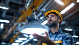 A photograph of a lighting contractor installing or examining a 300-watt led light fixture in a commercial or industrial setting