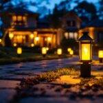A photograph of a beautifully illuminated driveway featuring an array of stylish solar lanterns