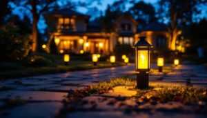 A photograph of a beautifully illuminated driveway featuring an array of stylish solar lanterns