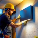 A photograph of a skilled lighting contractor installing a sleek surface mount exterior light box on a modern home