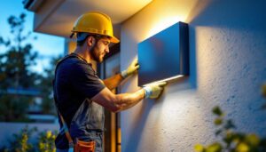 A photograph of a skilled lighting contractor installing a sleek surface mount exterior light box on a modern home