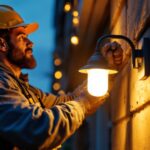 A photograph of a lighting contractor installing an outdoor light bracket on a building exterior during dusk