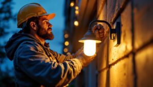 A photograph of a lighting contractor installing an outdoor light bracket on a building exterior during dusk