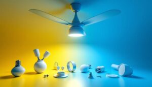 A photograph of a stylish ceiling fan with visible replacement parts laid out artistically around it