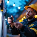 A photograph of a skilled technician demonstrating the installation of a waterproof 12v connector in a well-lit outdoor setting