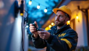 A photograph of a skilled technician demonstrating the installation of a waterproof 12v connector in a well-lit outdoor setting