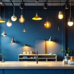 A photograph of a modern lighting showroom showcasing a variety of innovative light fixtures