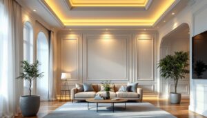 A photograph of a beautifully designed room showcasing various styles of recessed lighting trim